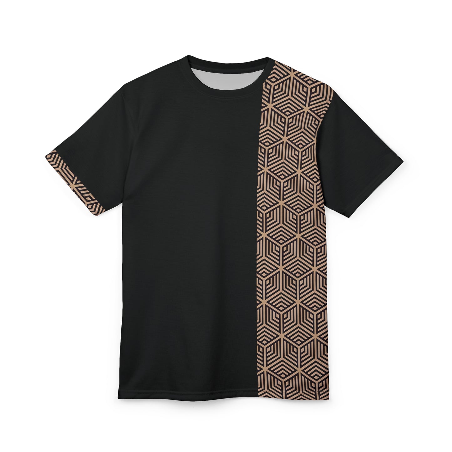 Trendy Geometric Unisex Cut & Sew Tee - Unique Black and Gold Design