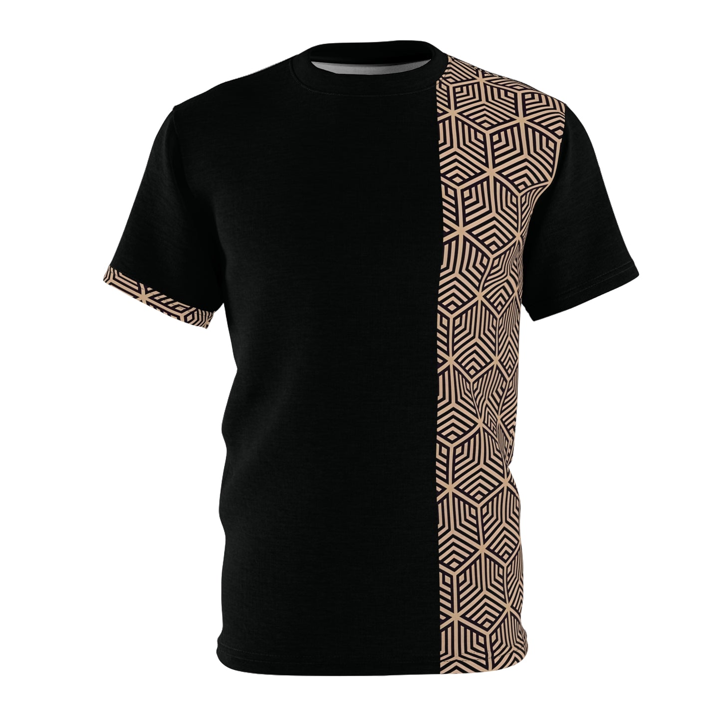 Trendy Geometric Unisex Cut & Sew Tee - Unique Black and Gold Design